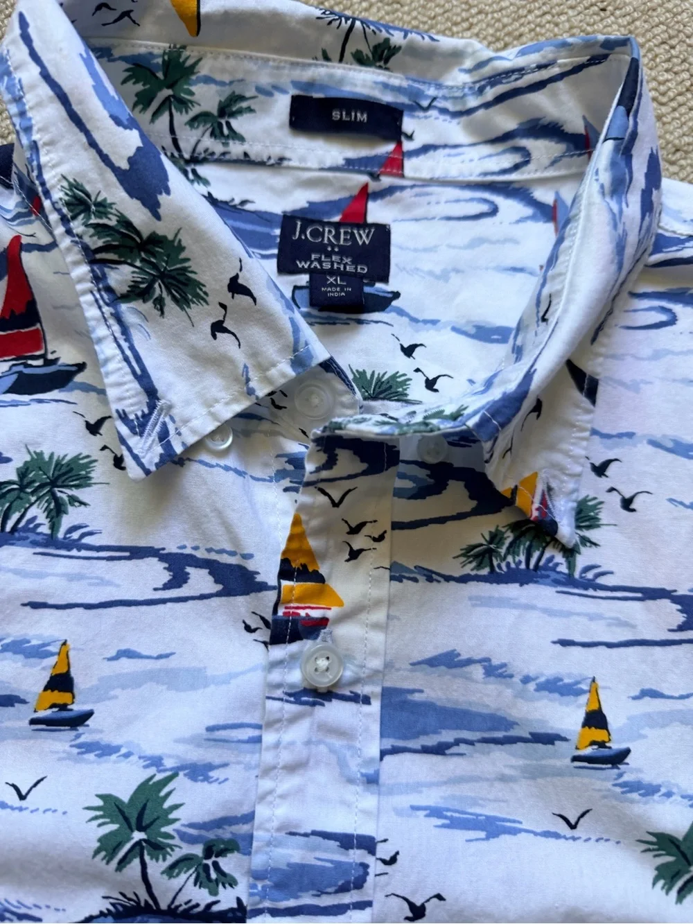 J.Crew Flex Washed Shirt Mens XL Slim Sailboat Tropical Print Short Sleeve